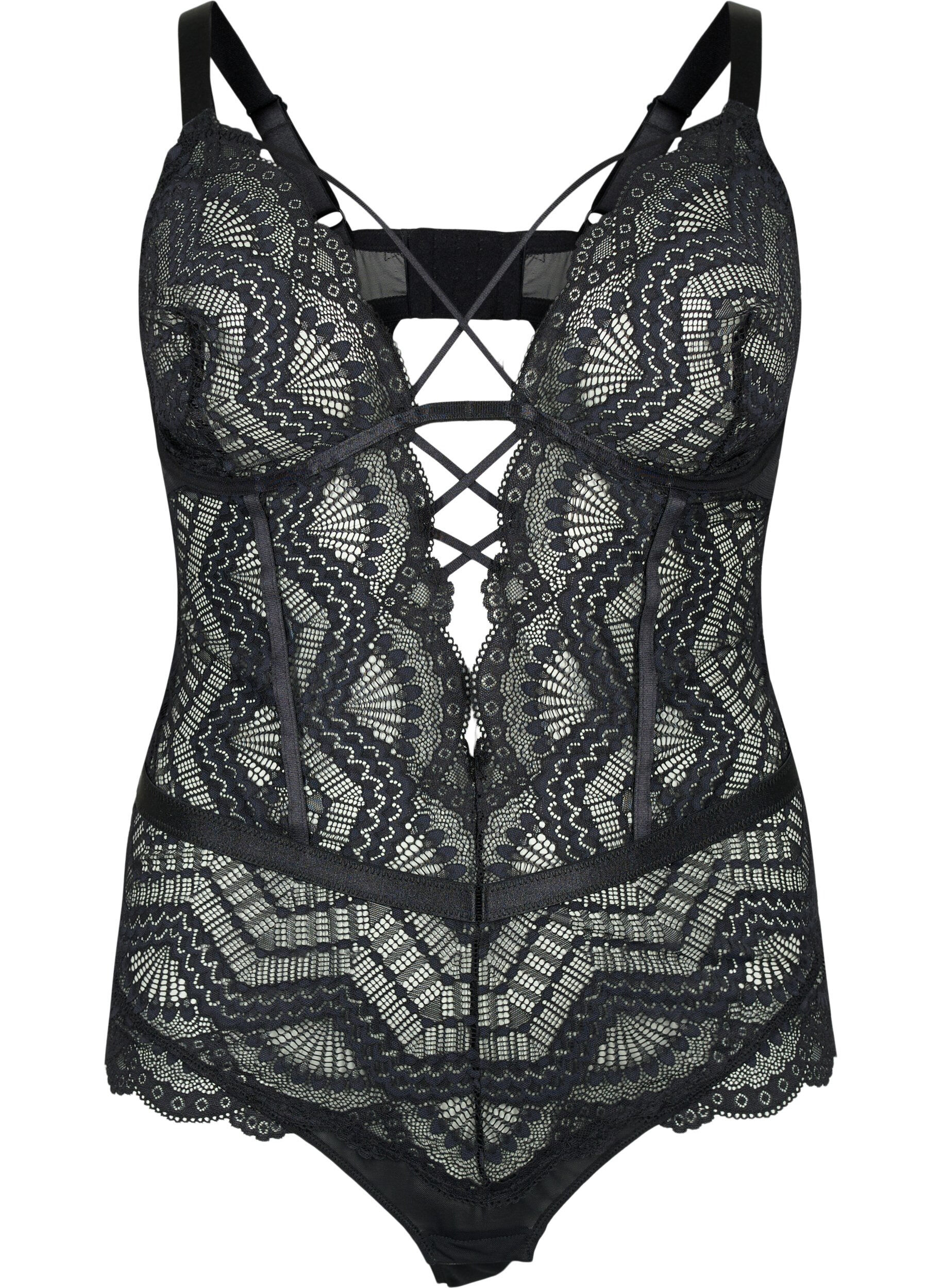 Zizzi Bodystocking aus Spitze mit Schn&uuml;ren, Schwarz, Packshot image number 0