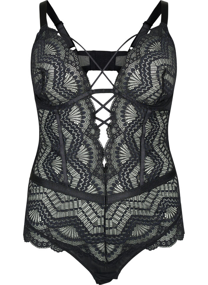 Bodystocking aus Spitze mit Schnüren, Schwarz, Packshot image number 0