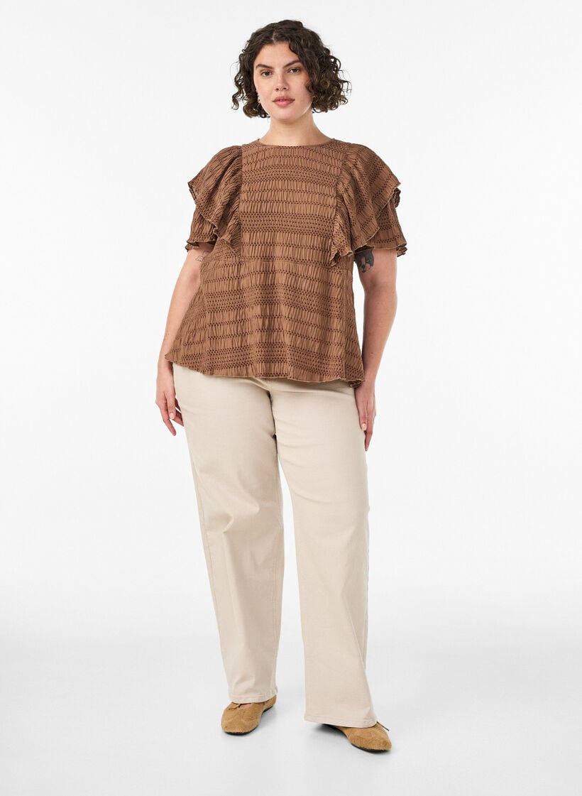 Bluse mit gesmokter Textur und R&uuml;schen&auml;rmeln, Braun, Model image number 1