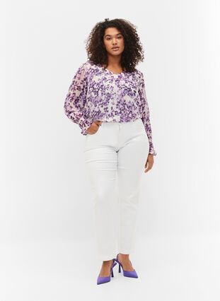 Geblümte Bluse mit langen Ärmeln und V-Ausschnitt, Beige/Purple Flower, Model image number 2