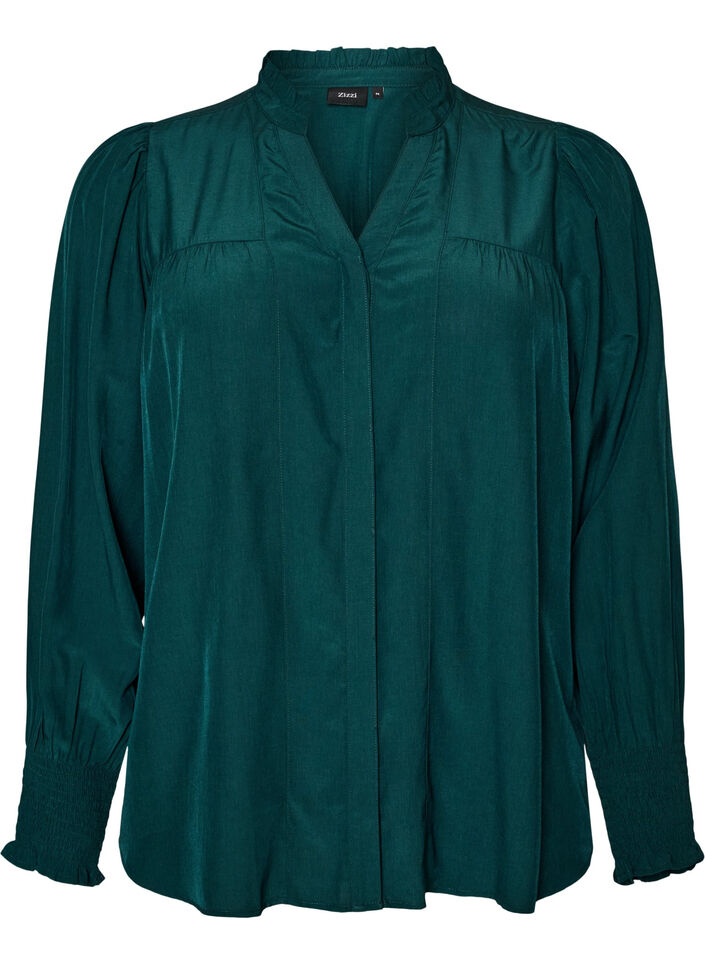 Bluse mit R&uuml;schenkragen und Raffung, Gr&uuml;n, Packshot image number 0