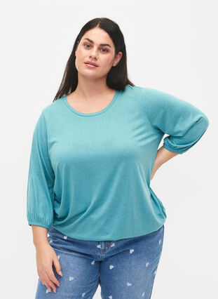 Einfarbige Bluse mit 3/4-Ärmel, Brittany Blue Mel., Model image number 0