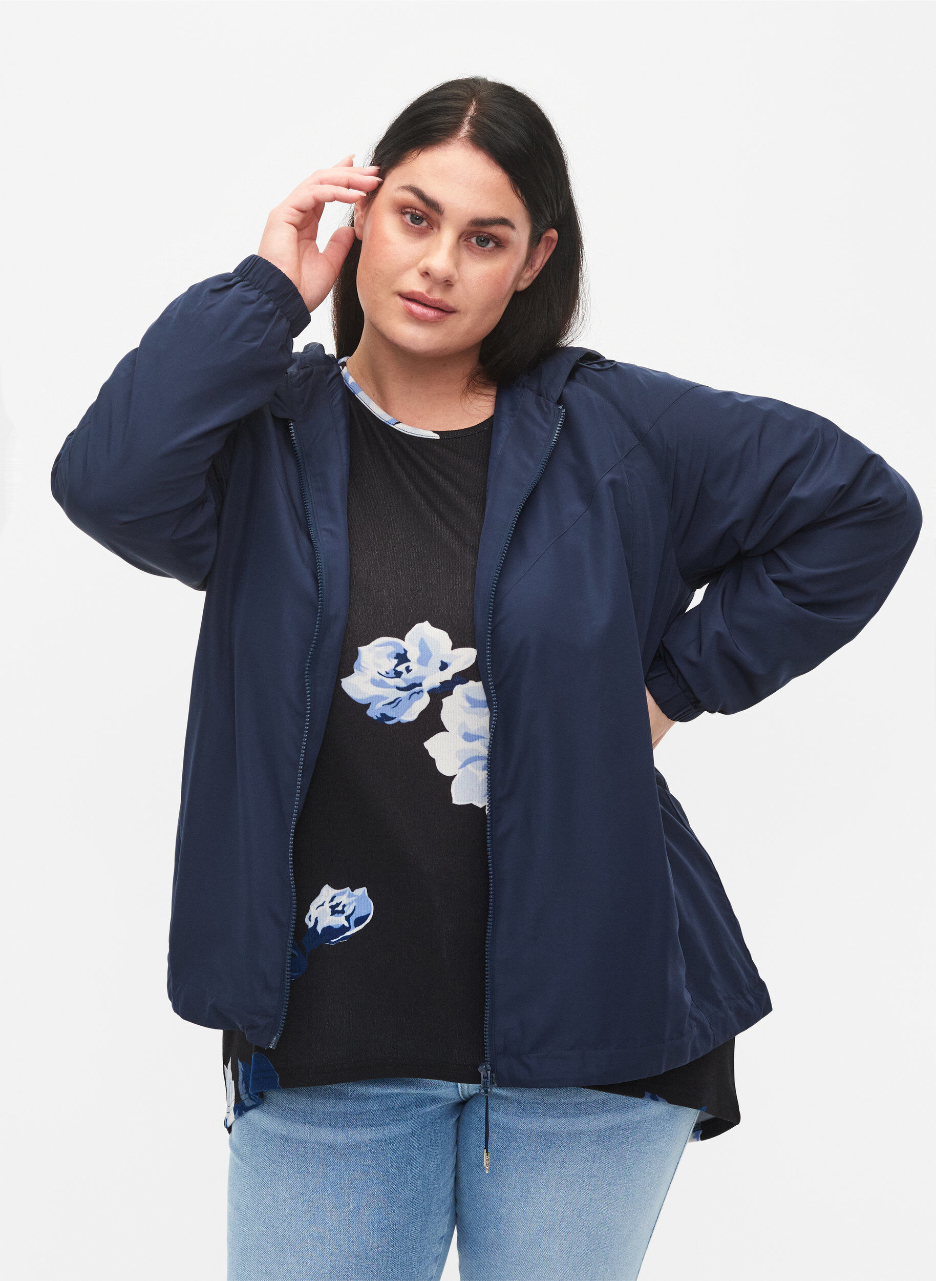 Zizzi Kurze Jacke mit Kapuze und verstellbarer Saum, Navy Blazer, Model image number 0