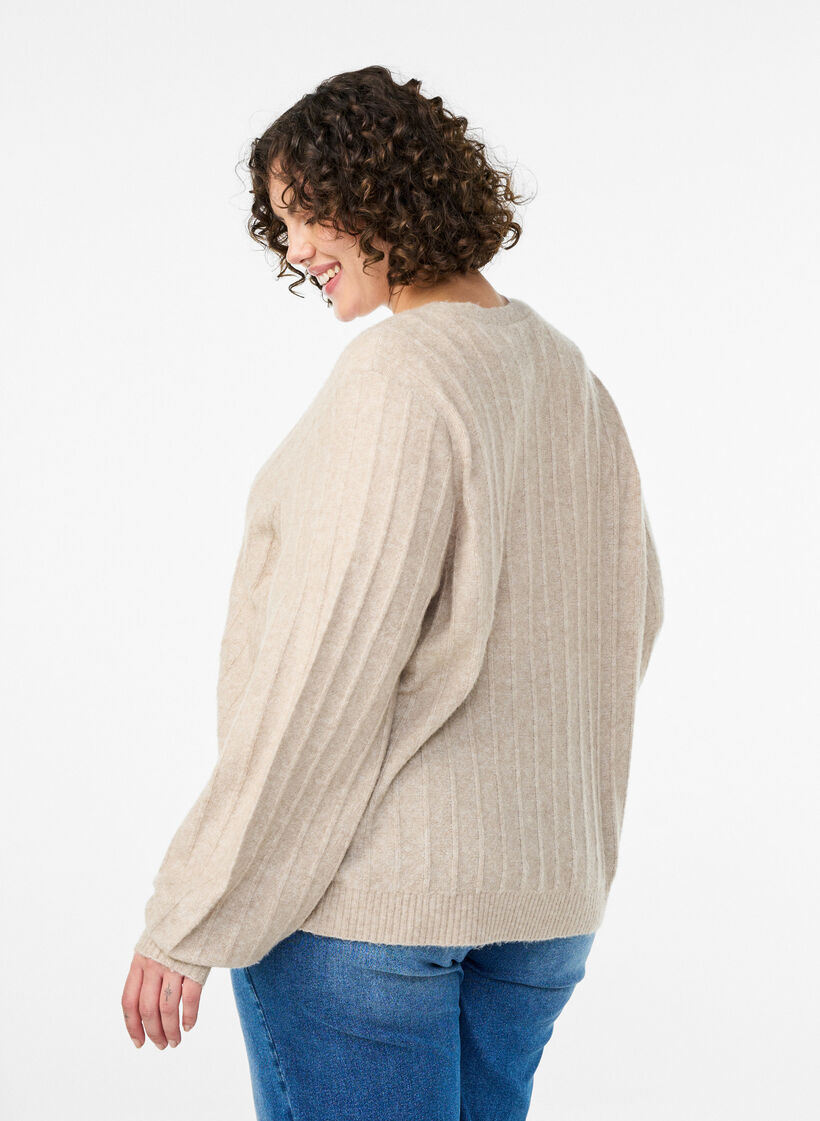 Strickjacke mit Rippstruktur und Ballonärmeln, Beige, Model image number 2