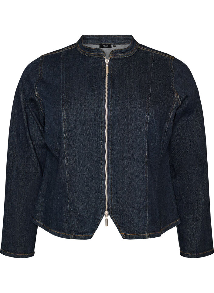 Figurbetonte Jeansjacke mit Rei&szlig;verschluss, Blau, Packshot image number 0