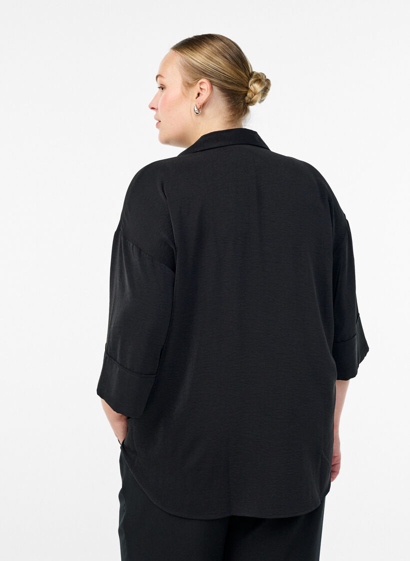 Lockere Bluse mit V-Ausschnitt und 3/4-Ärmeln, Schwarz, Model image number 2
