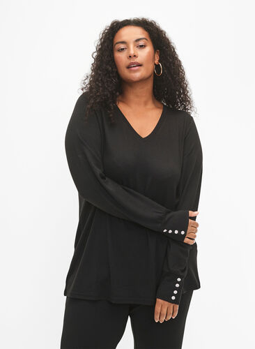 Langärmelige Bluse mit breitem Ärmelaufschlag und Knöpfen, Black, Model image number 0