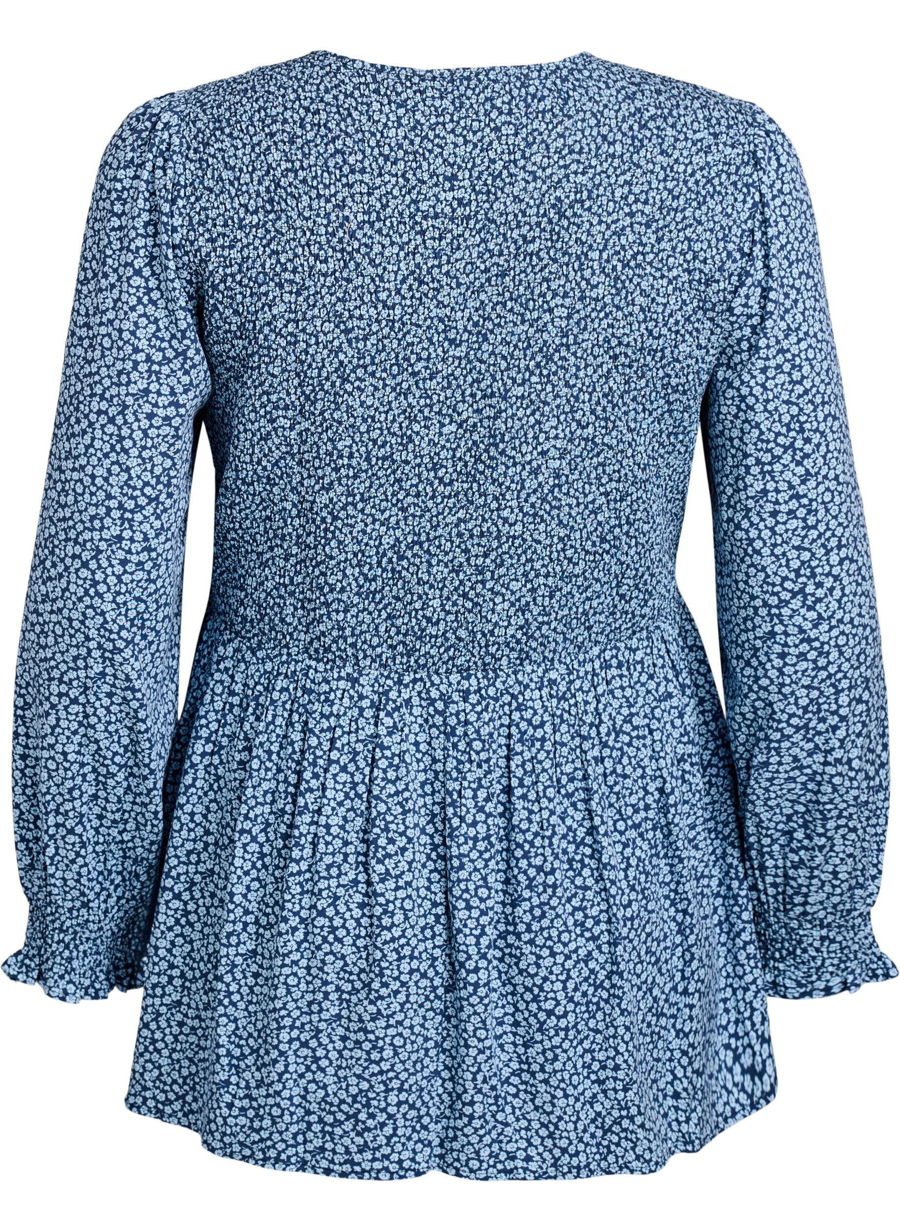 ZizziBluse mit gesmoktem Oberteil und gebl&uuml;mtem Print, Blau, Packshot image number 1