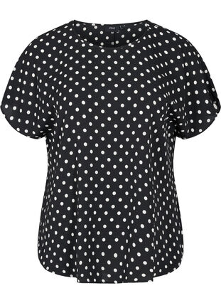 Bluse mit kurzen Ärmeln und Rundhalsausschnitt, Black w White Dot, Packshot image number 0