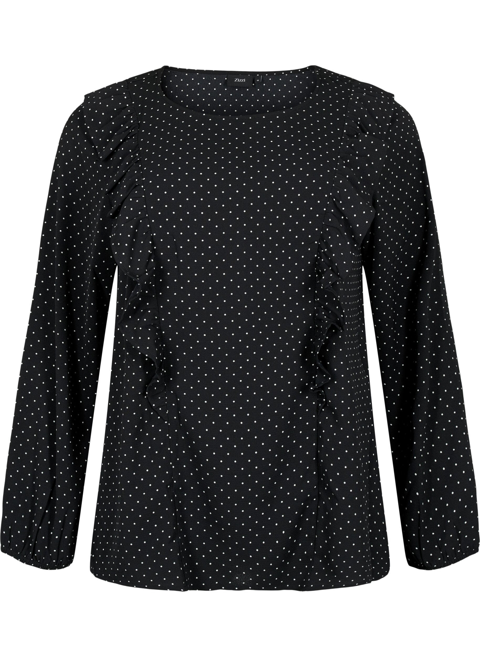 Zizzi Lang&auml;rmelige Bluse mit R&uuml;schen, Black Dot, Packshot image number 0