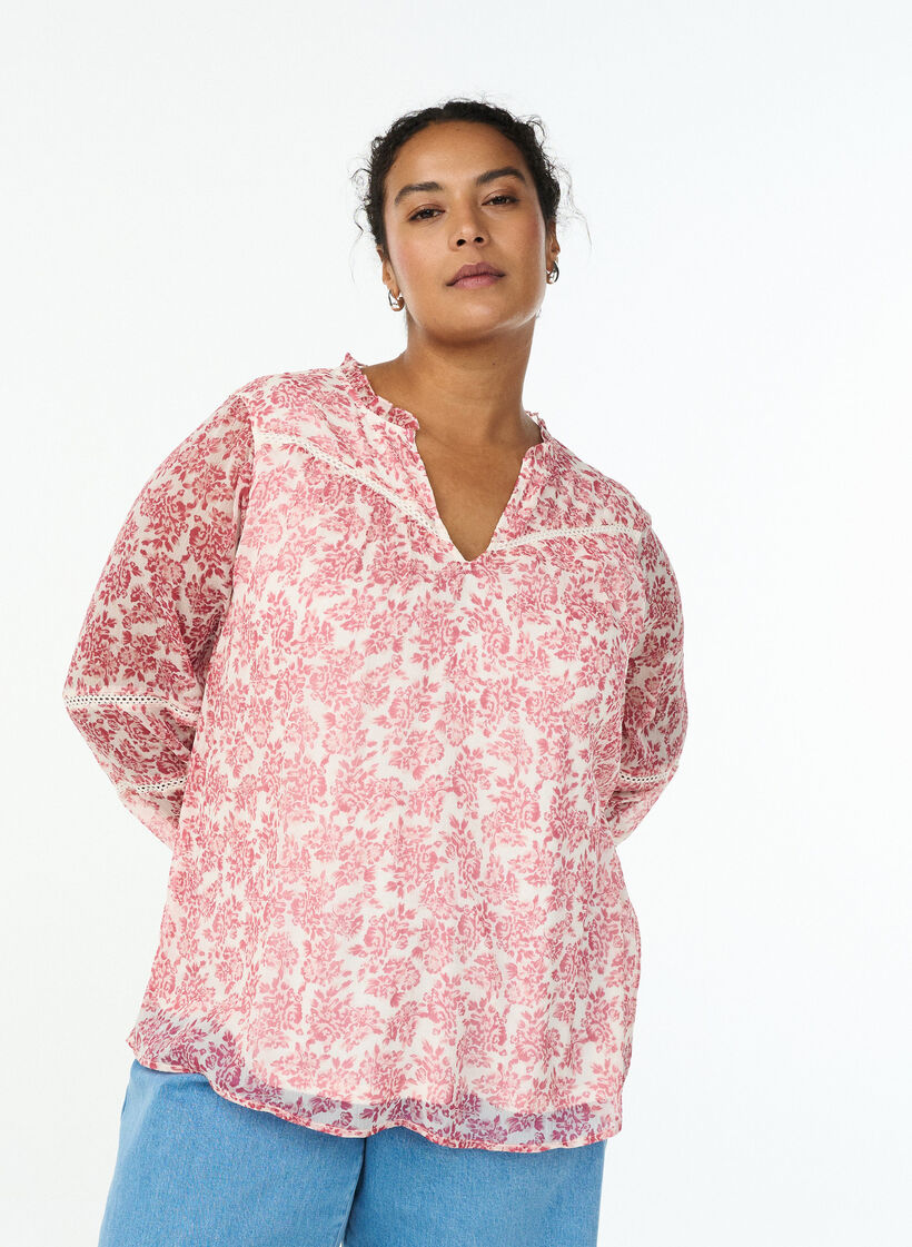 Chiffonbluse mit Blumenprint und H&auml;kelborte, Rot, Model image number 0