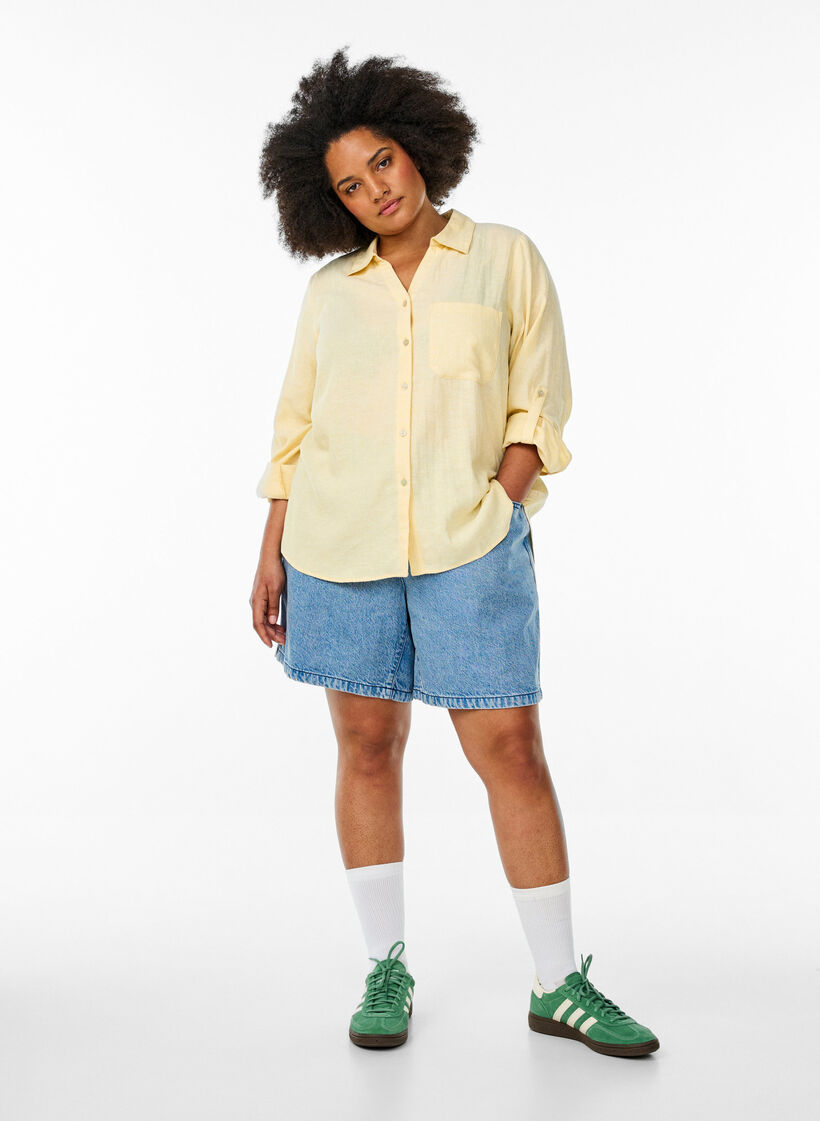 Bluse aus Leinen und Viskose mit 3/4-&Auml;rmeln, Gelb, Model image number 1