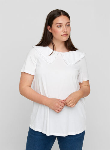 Kurzarm T-Shirt aus Baumwolle mit Kragen, Bright White, Model image number 0