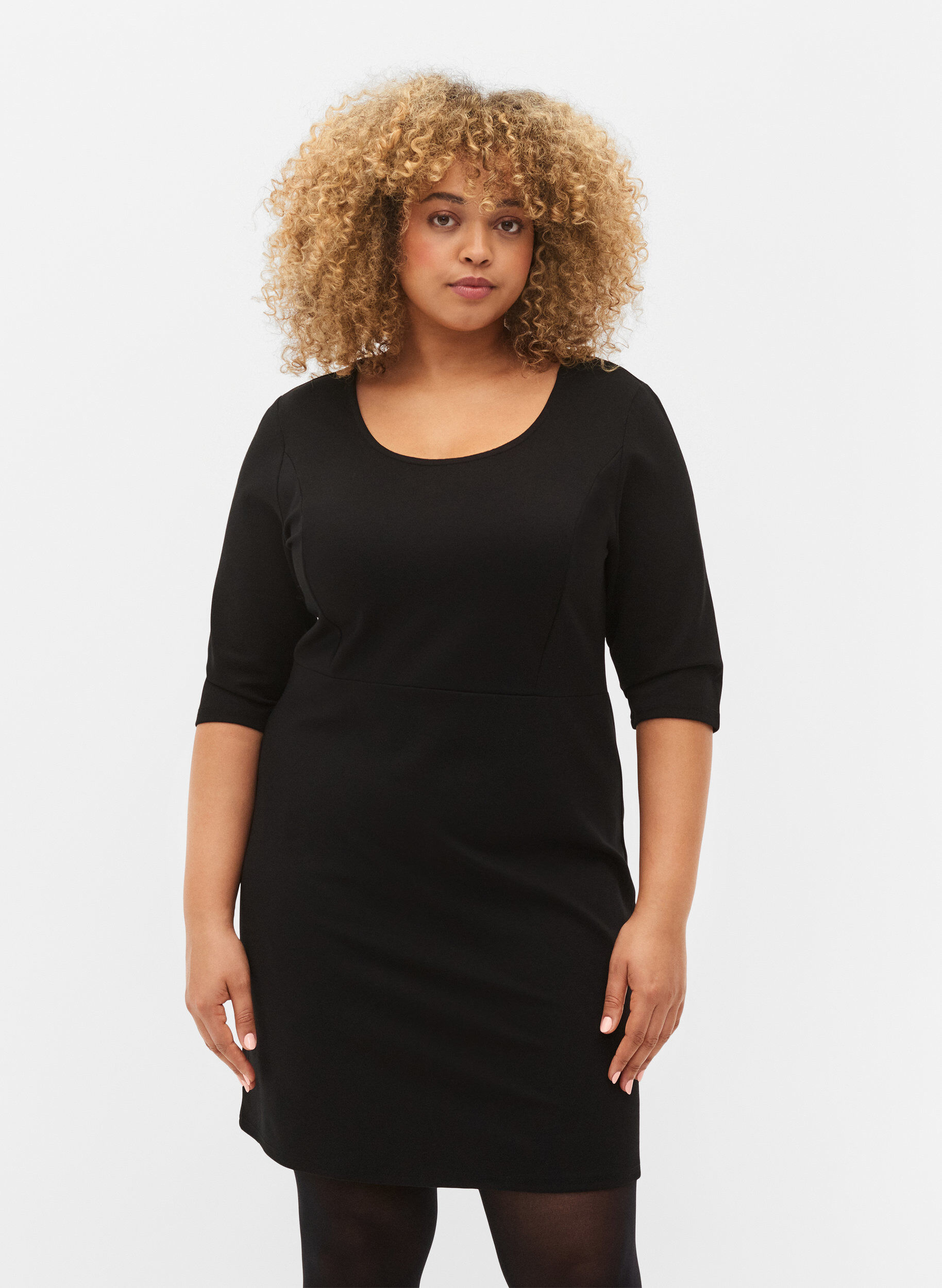 Zizzi Unifarbenes Kleid mit 3/4 &Auml;rmeln und Schlitz, Black, Model image number 0