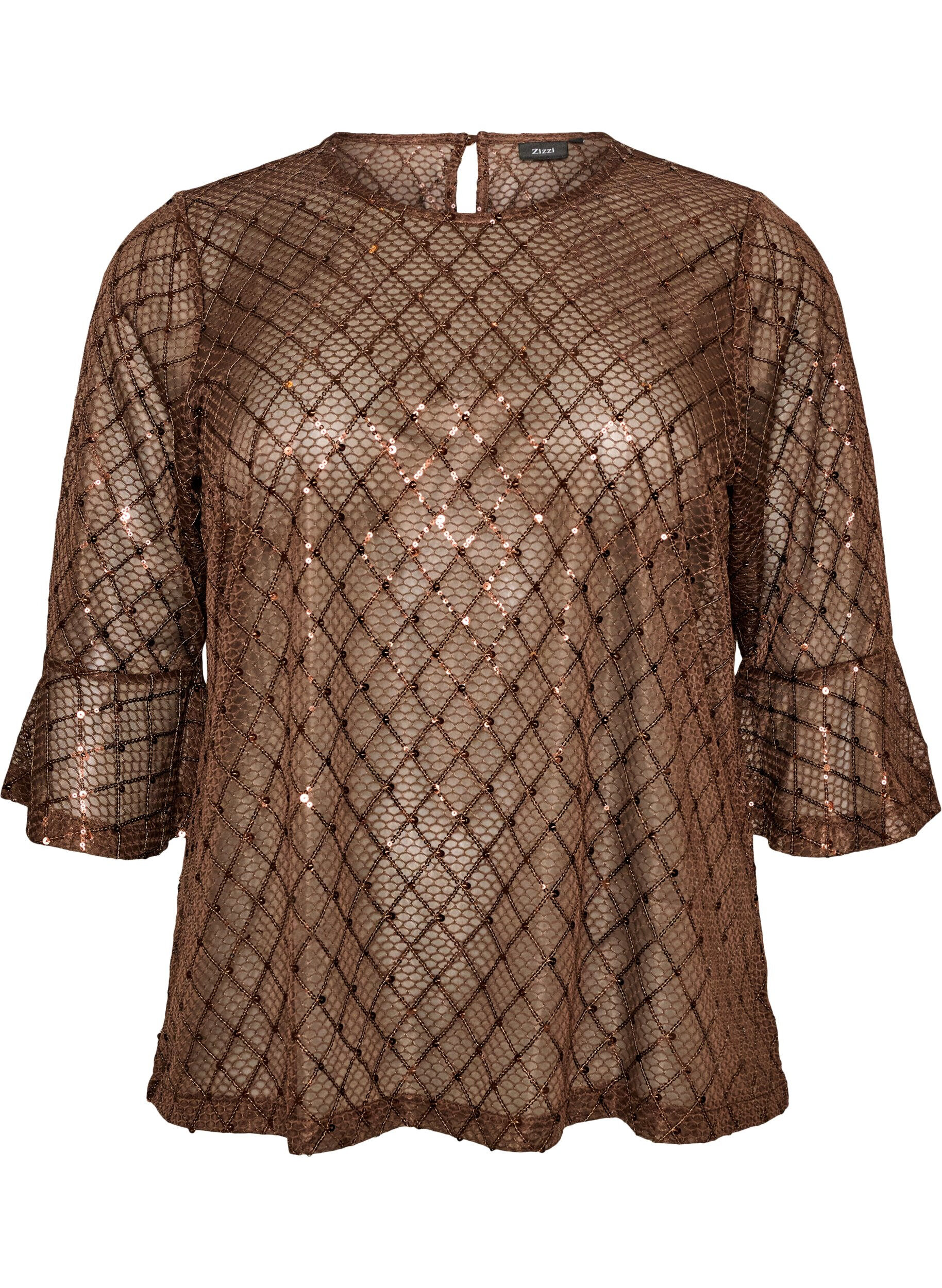 ZizziTransparente Bluse mit Pailletten und Rautenmuster, Braun, Packshot image number 0