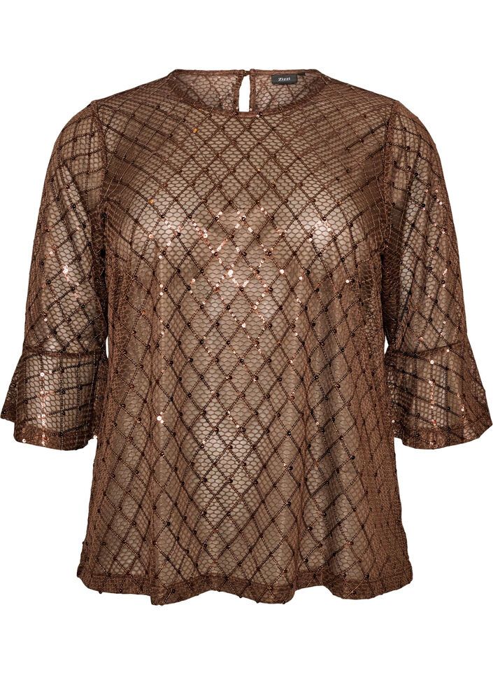 Transparente Bluse mit Pailletten und Rautenmuster, Braun, Packshot image number 0