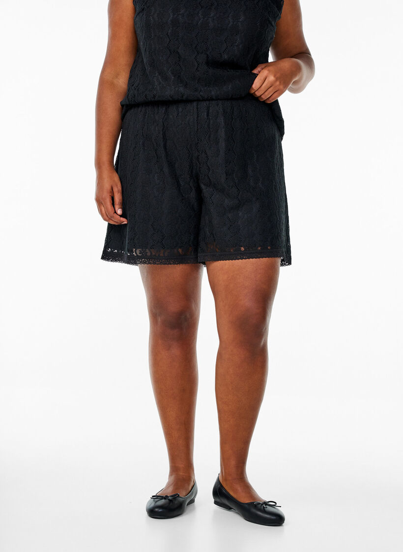 Spitzenshorts mit hohem Taille, Schwarz, Model image number 3