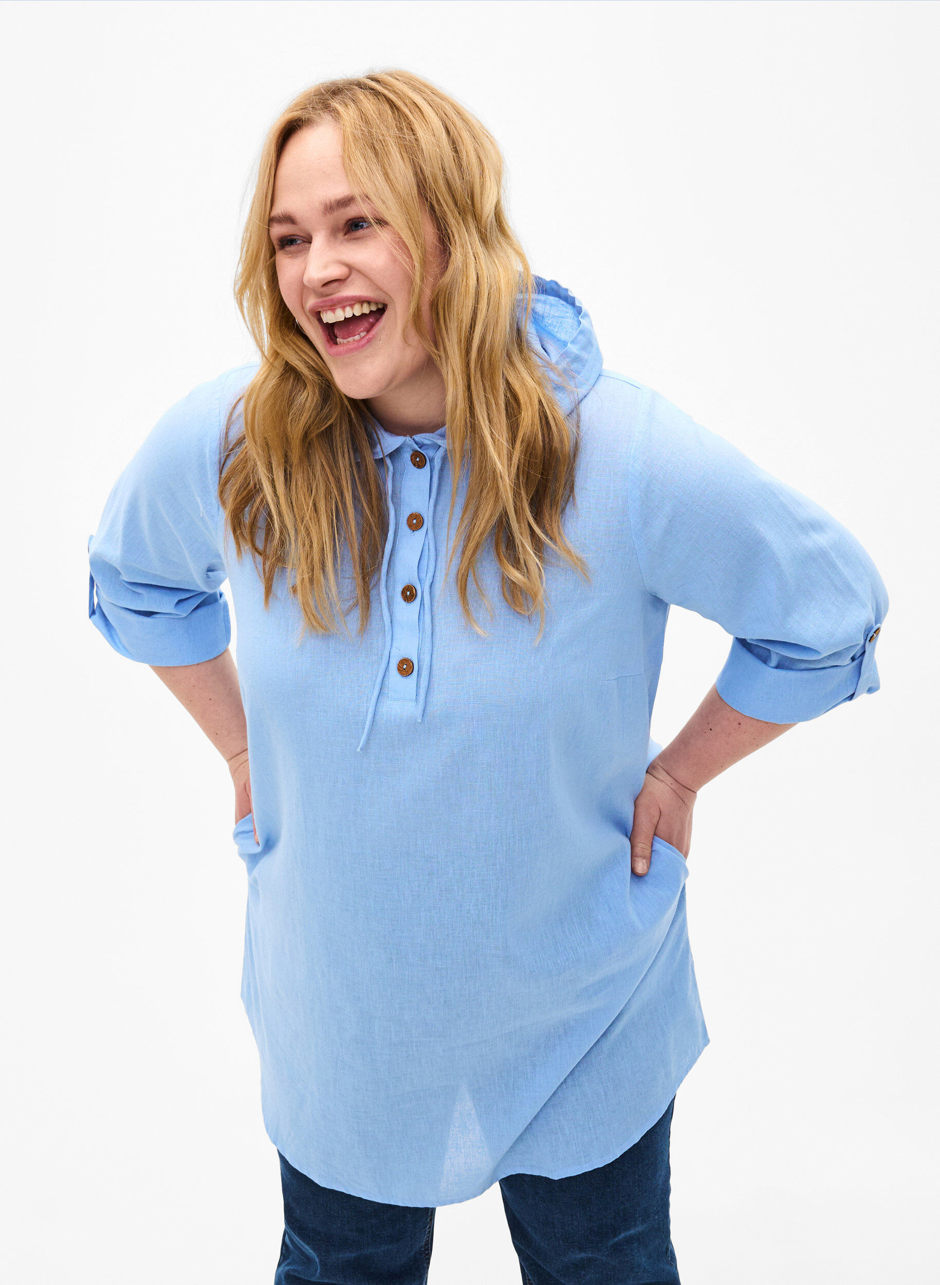 Zizzi Tunika mit Kapuze aus Baumwolle und Leinen, Serenity, Model image number 0