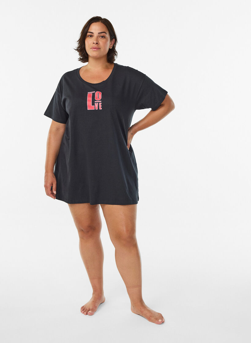 Langes Nachthemd aus Bio-Baumwolle mit Print, Grau, Model image number 1