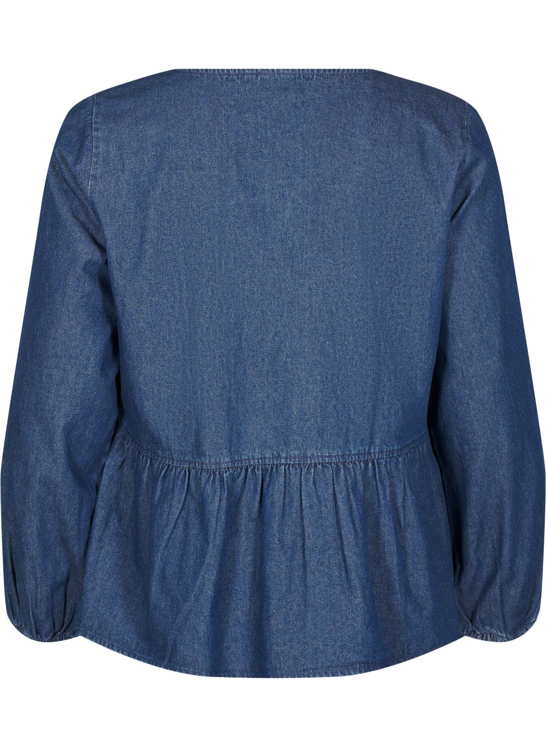 Zizzi Peplum-Bluse aus Denim mit Bindeverschluss, Blau, Packshot image number 1