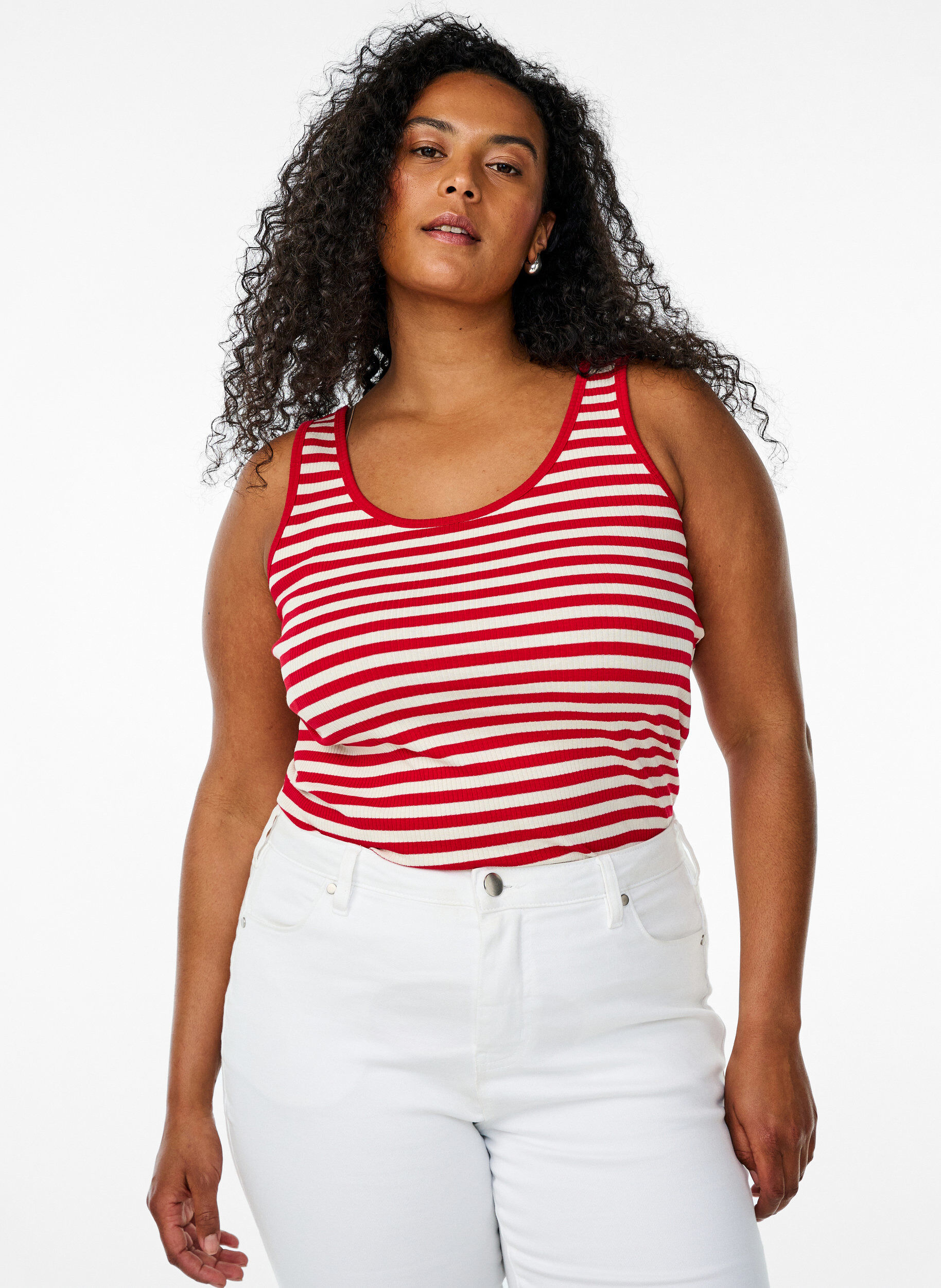 Zizzi Gestreiftes Tanktop mit Rippenstruktur, Rot, Model image number 0