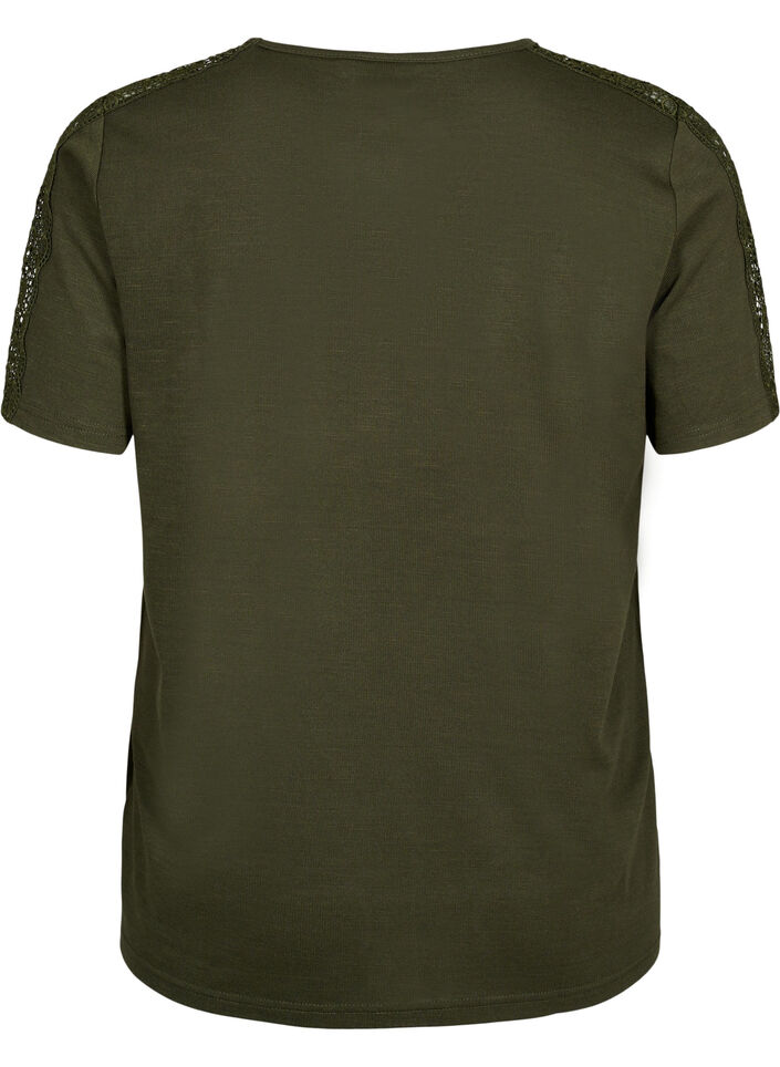 Kurzärmelige Bluse mit Spitze und V-Ausschnitt, Forest Night, Packshot image number 1