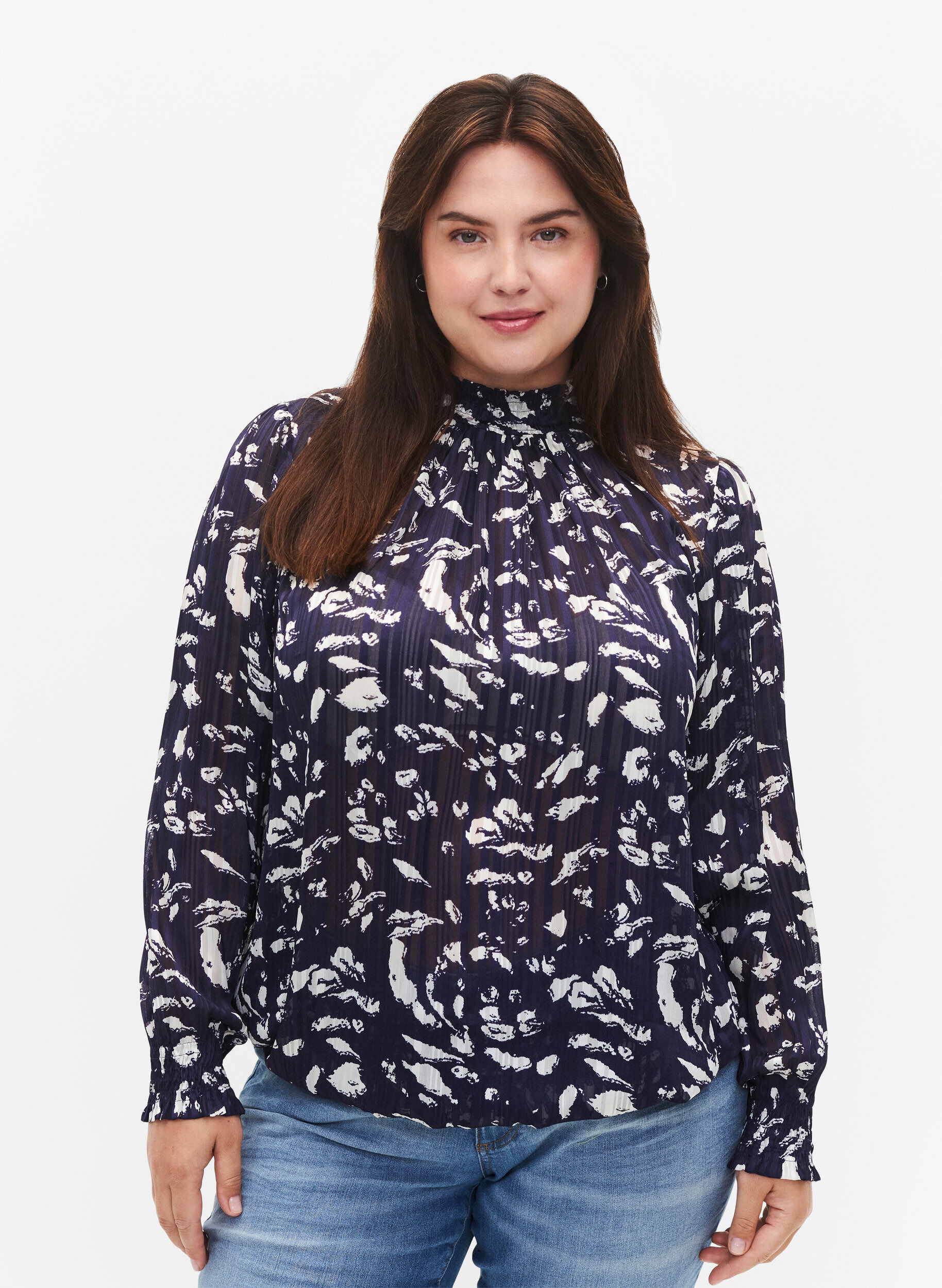Zizzi Gedruckte Bluse mit Sch&uuml;rze, Blue Leaf AOP, Model image number 0