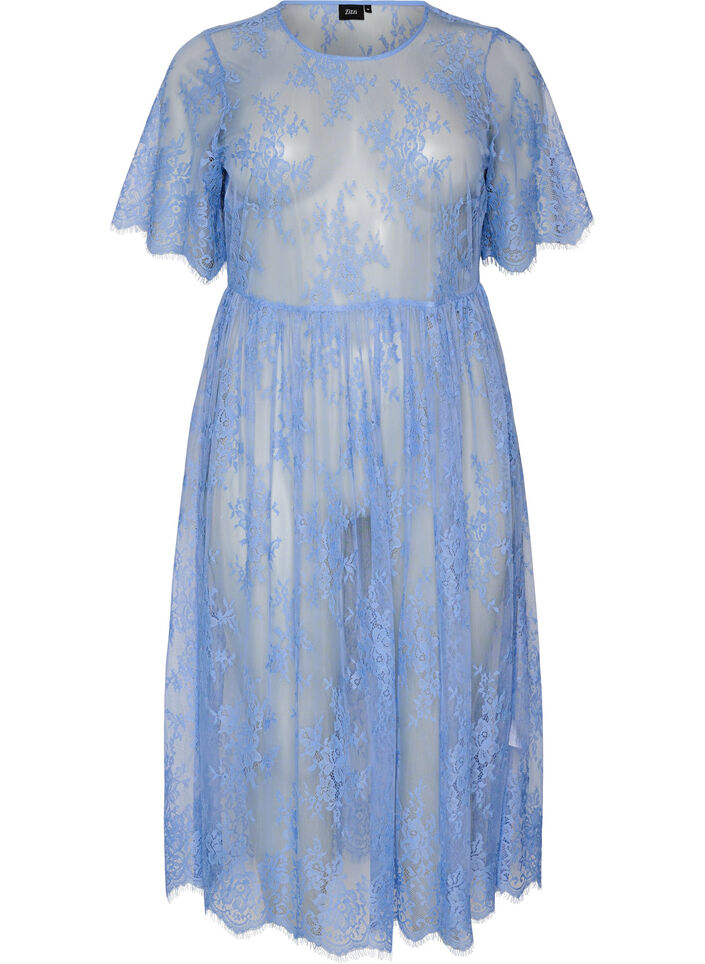 Midikleid aus transparenter Spitze mit kurzen &Auml;rmeln, lila, Packshot image number 0