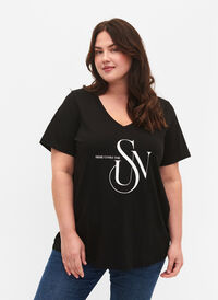 T-Shirt aus Baumwolle mit Druck, Black SUN, Model