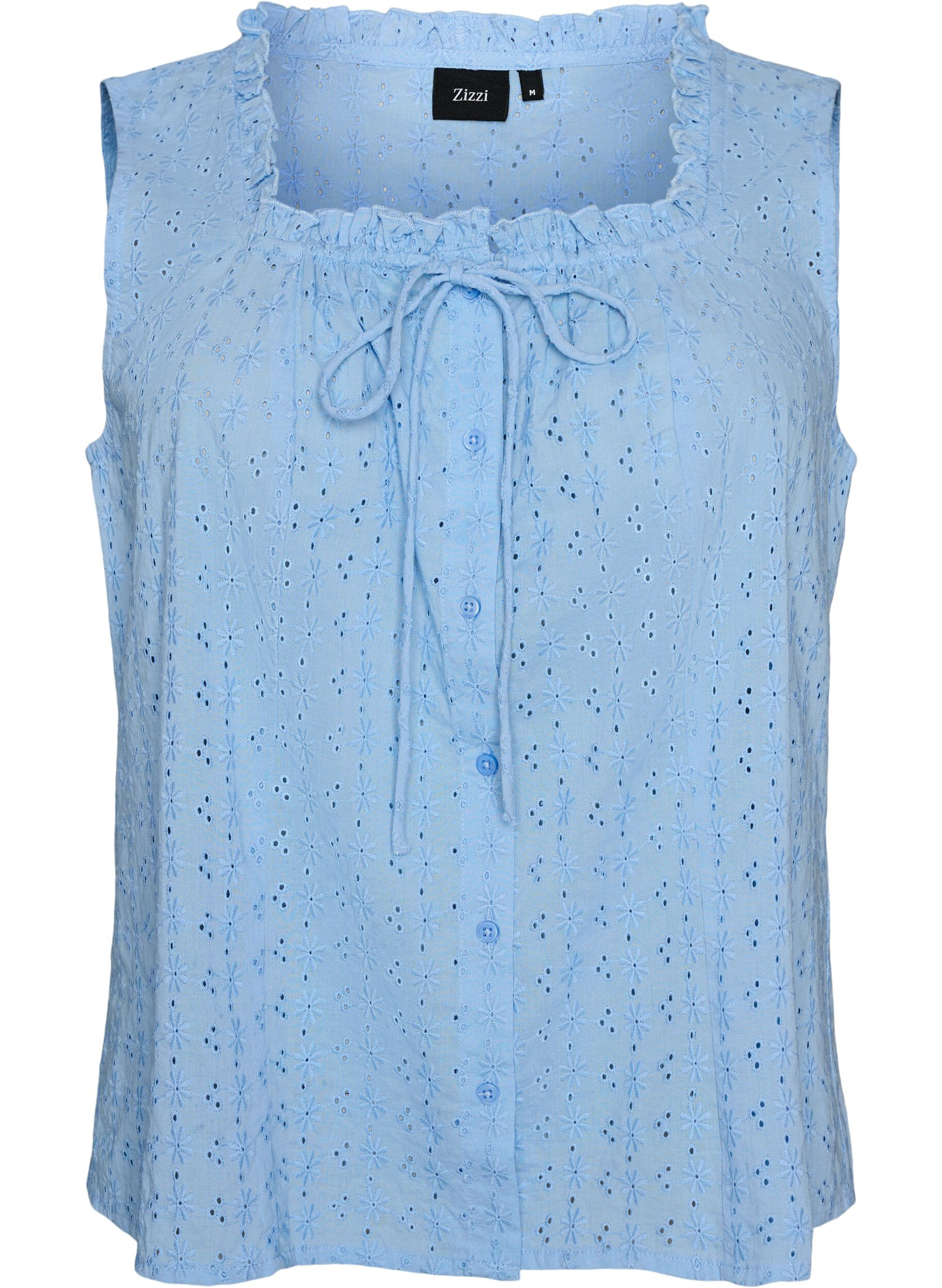 Zizzi&Auml;rmellose Bluse mit Lochstickerei und R&uuml;schen, Blau, Packshot image number 0