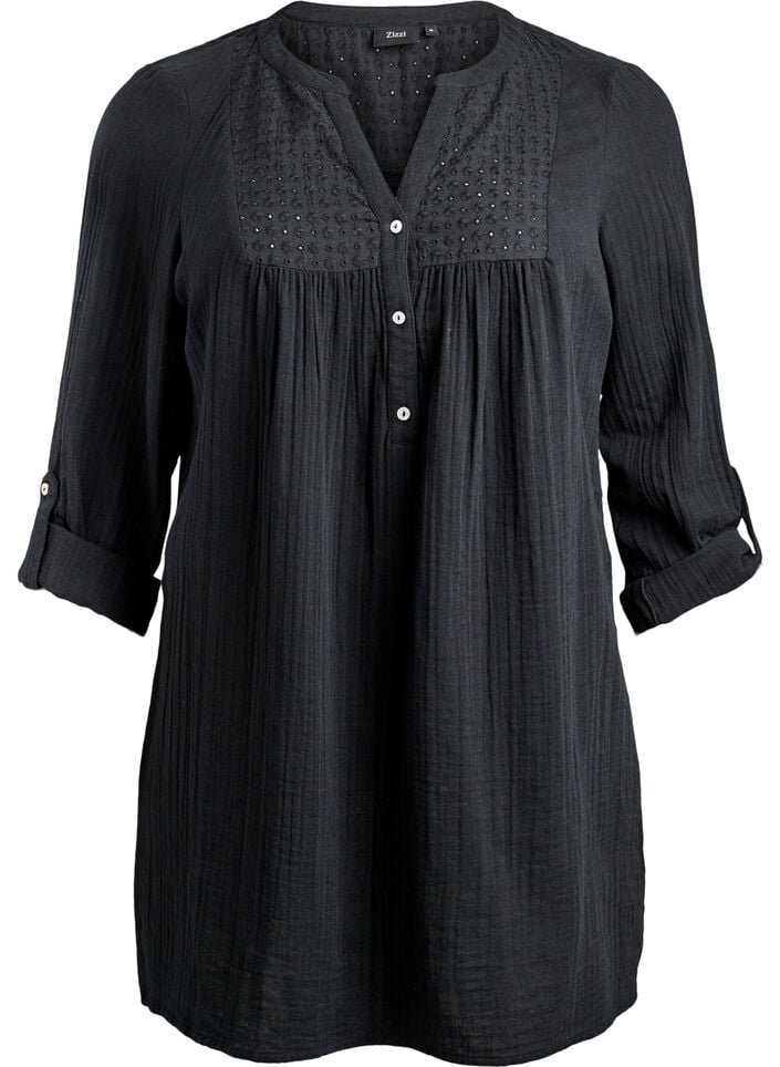 Tunika aus Baumwollmusselin mit Broderie Anglaise, Schwarz, Packshot image number 0