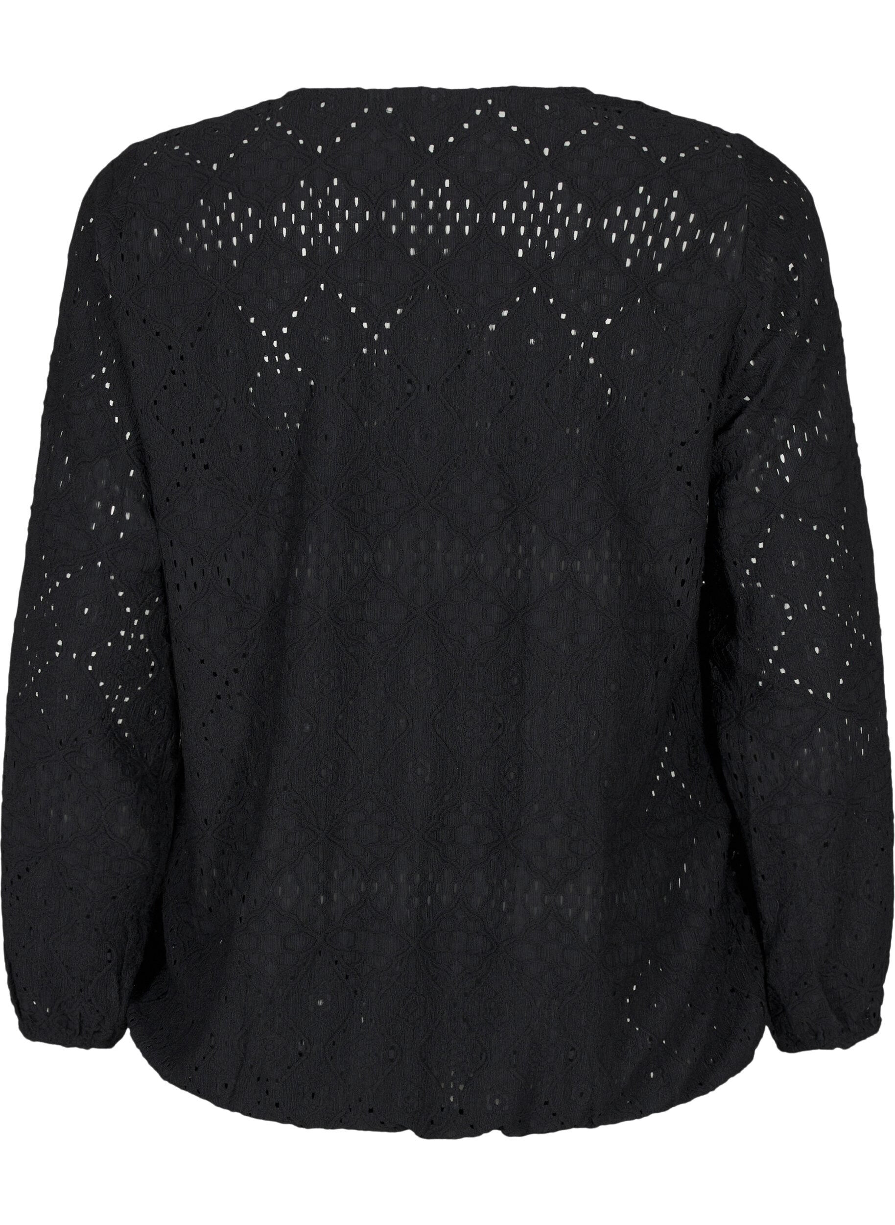 Zizzi  Lang&auml;rmelige Bluse mit V-Ausschnitt und Lochmuster, Black, Packshot image number 1