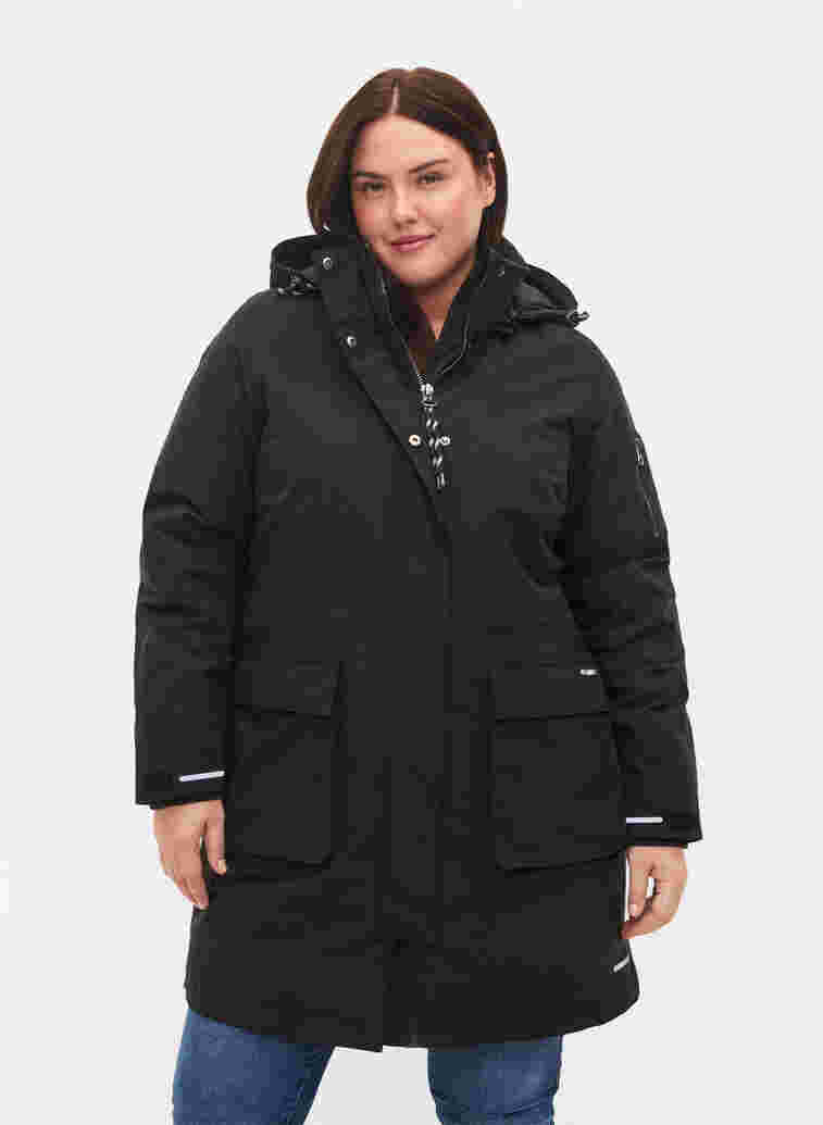 Winterjacke mit abnehmbarer Kapuze und Taschen, Black, Model image number 0