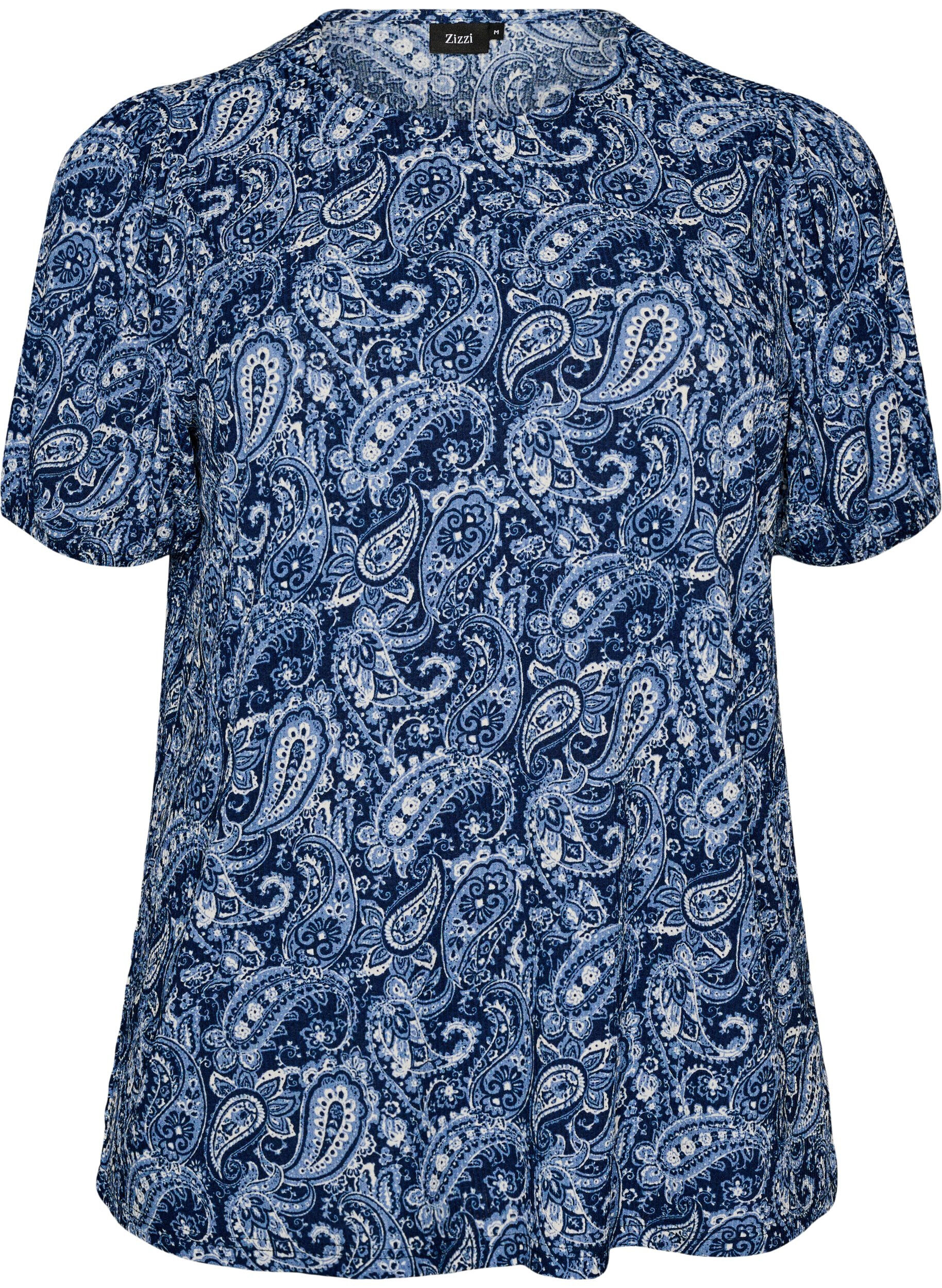ZizziGemusterte Bluse mit kurzen &Auml;rmeln, Blau, Packshot image number 0