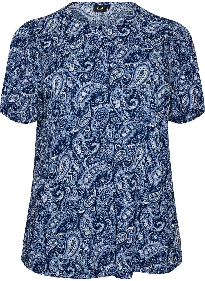 Gemusterte Bluse mit kurzen &Auml;rmeln, Blau, Packshot image number 0