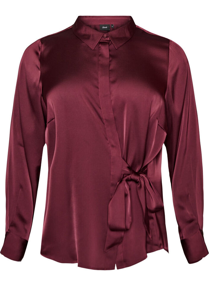 Bluse mit Satin-Optik und Wickeloptik, Rot, Packshot image number 0