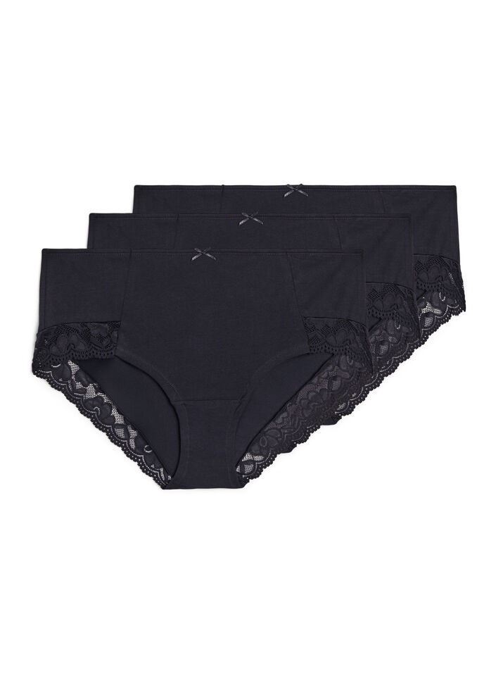 3er Pack Hipster-Panties mit Spitzenb&uuml;ndchen, Schwarz, Packshot image number 0
