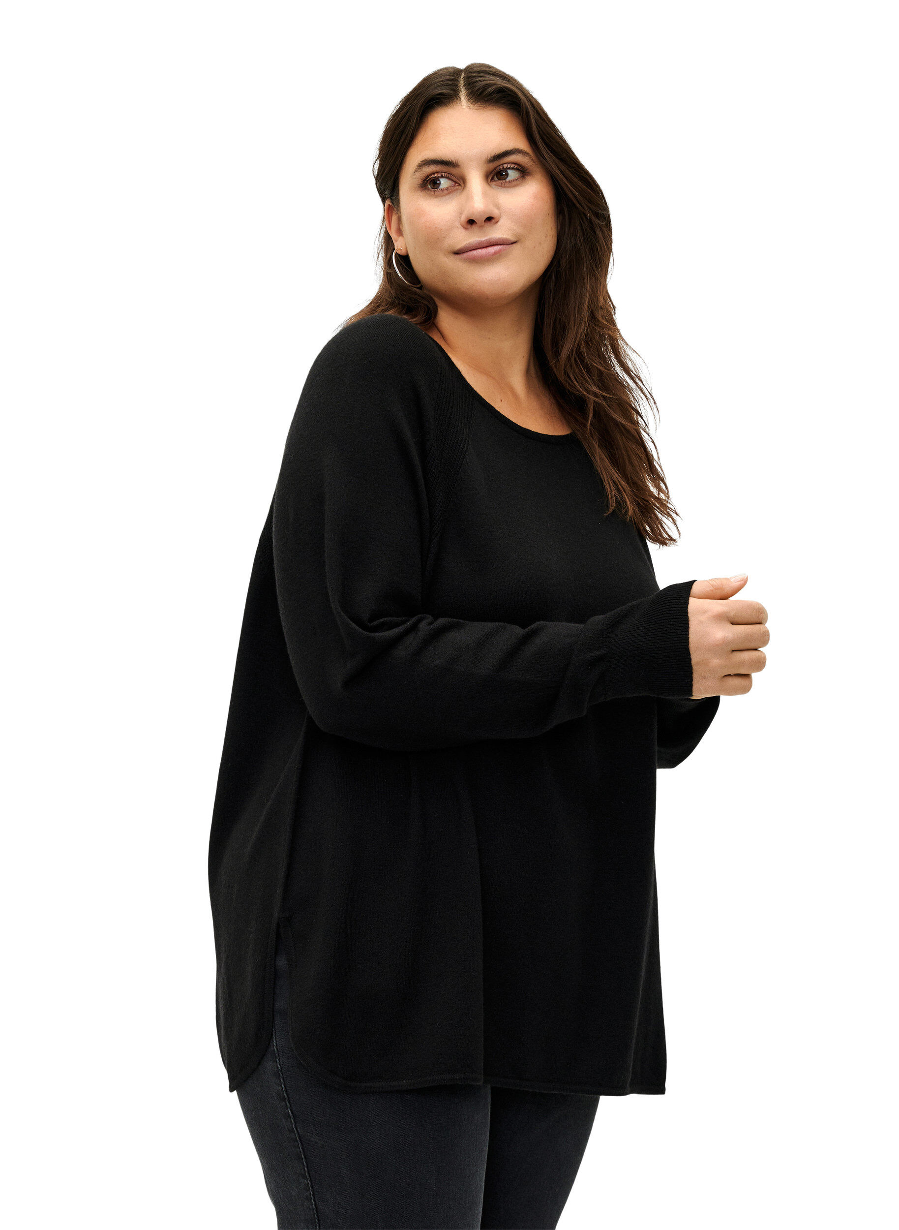 Zizzi Strickbluse mit Raglan&auml;rmeln, Black, Model image number 0