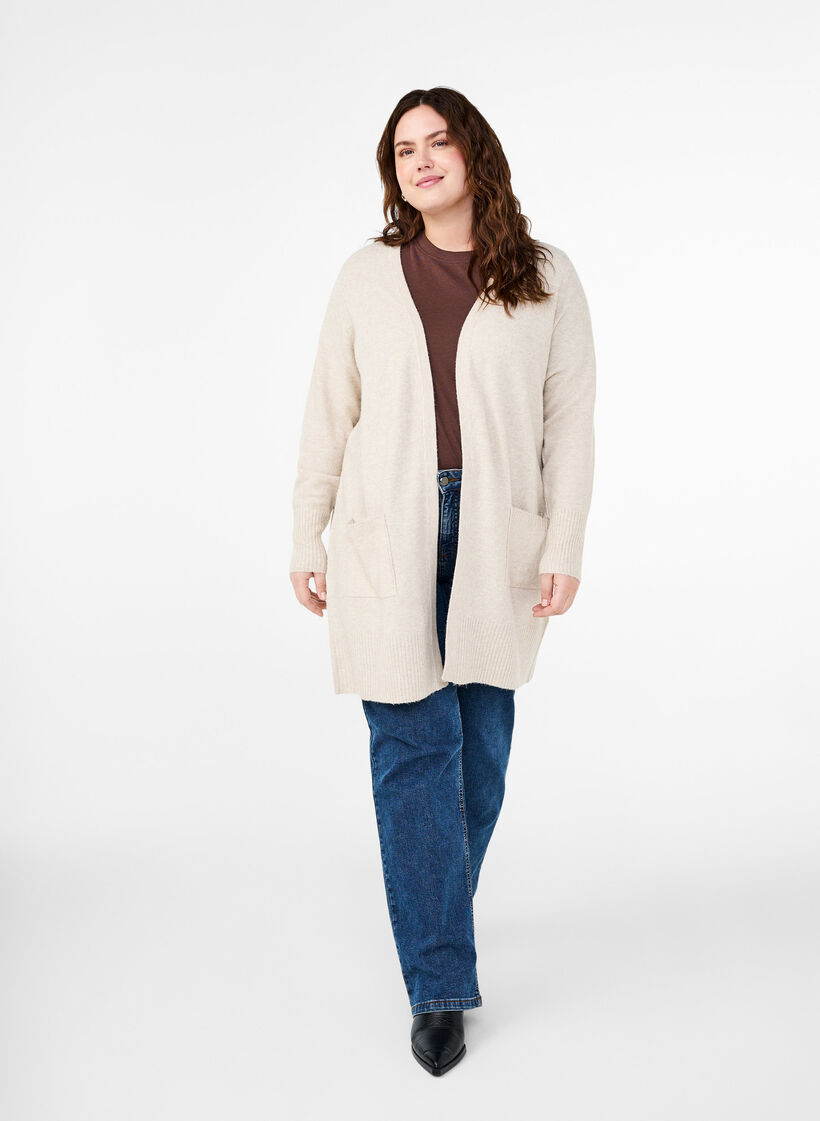 Strickjacke mit Rippenstrick und Taschen, Beige, Model image number 1