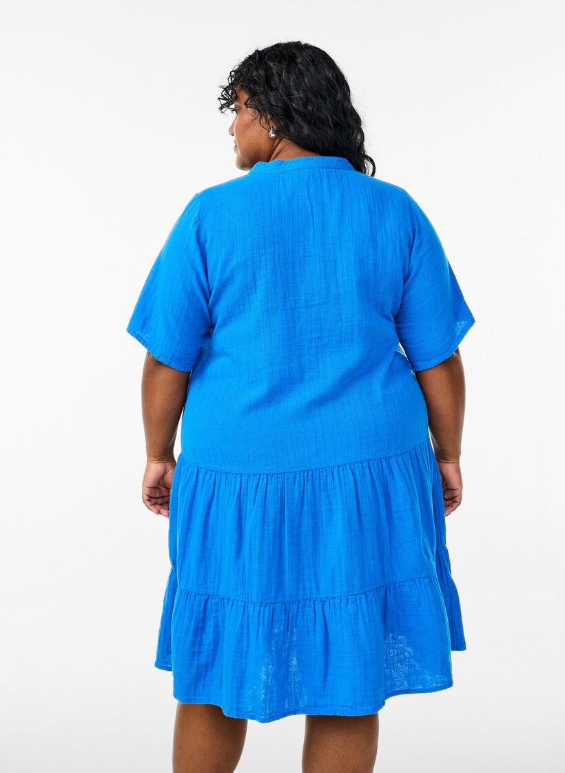 Kurzes A-Linien-Kleid aus Baumwollmusselin, Blau, Model image number 2