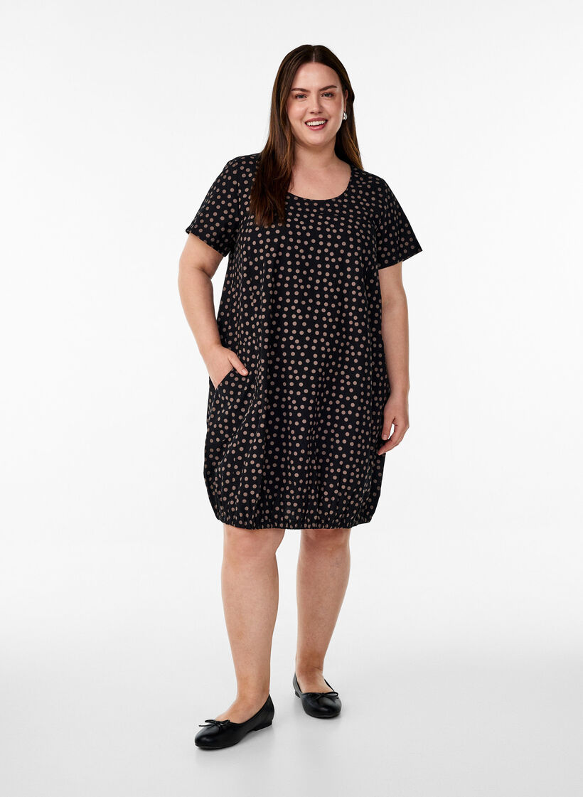 Kurz&auml;rmliges Baumwollkleid mit Aufdruck, Braun, Model image number 1