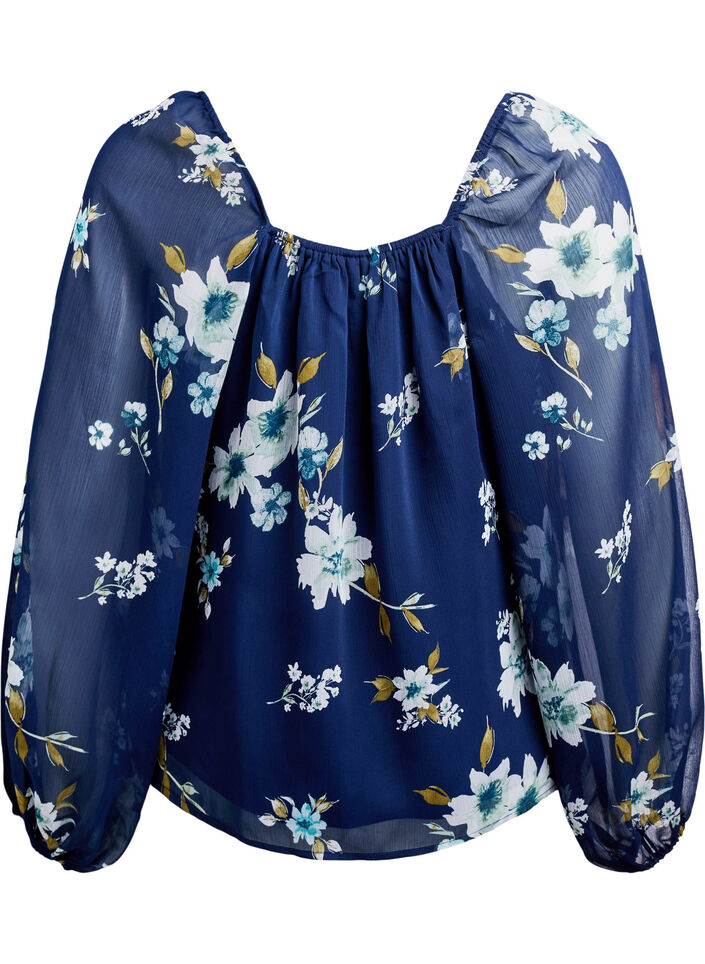 Bluse aus Chiffon mit gebl&uuml;mtem Print und langen &Auml;rmeln, Blau, Packshot image number 1