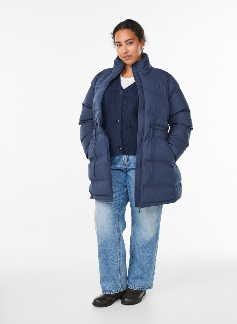Mittellange Pufferjacke mit verstellbarer Taille, Blau, Model image number 1