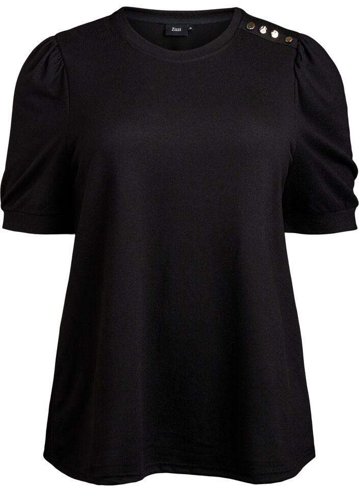 Bluse mit Knopfdetail und kurzen Puff&auml;rmeln, Schwarz, Packshot image number 0