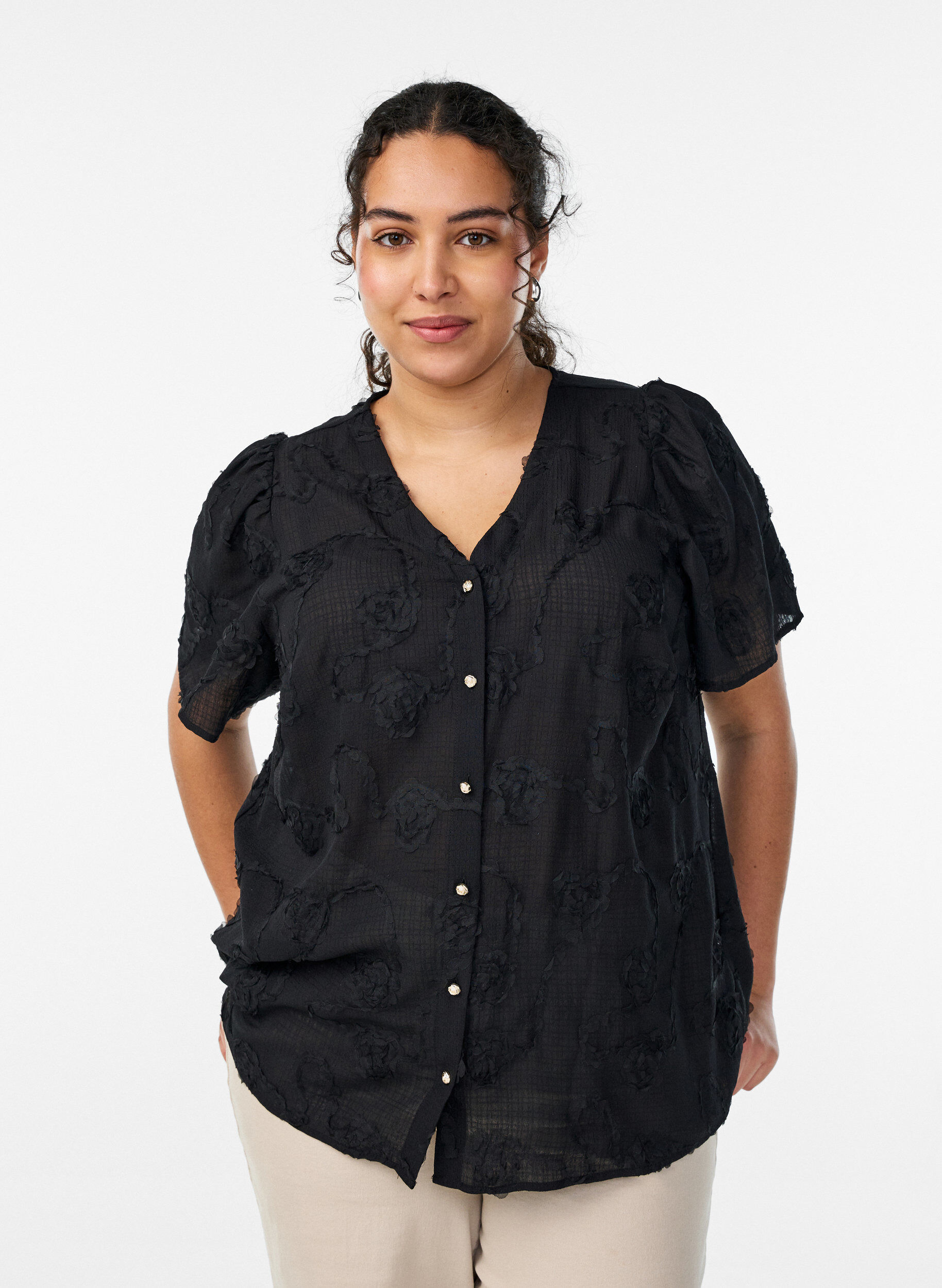 Zizzi Short-sleeved shirt blouse with a 3D flower effect, Black, Model image number 0