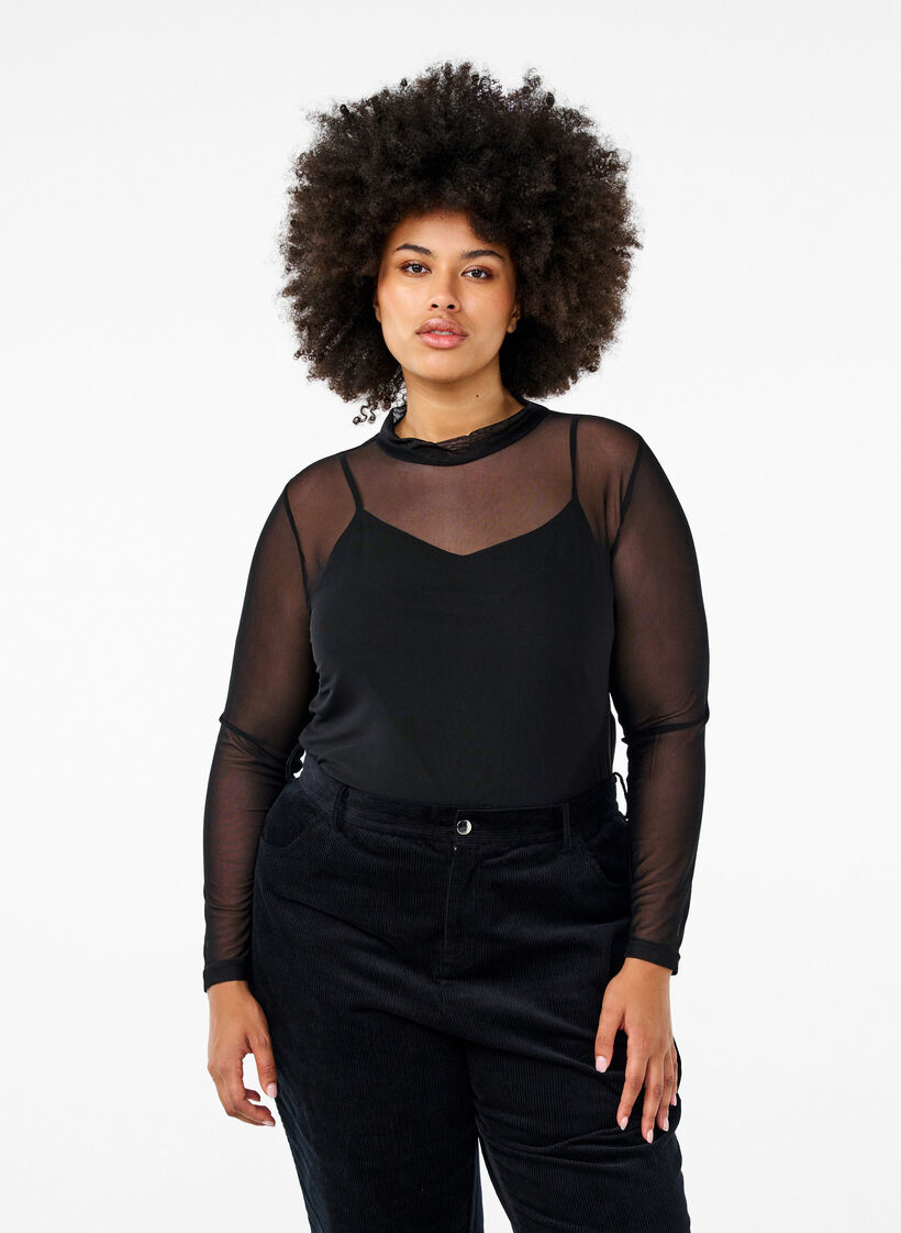 Enganliegende Mesh-Bluse mit langen Ärmeln, Schwarz, Model image number 0