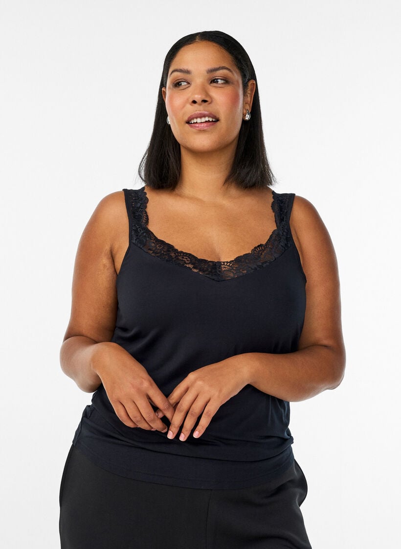 Top aus Viskose mit Spitze, Schwarz, Model image number 0