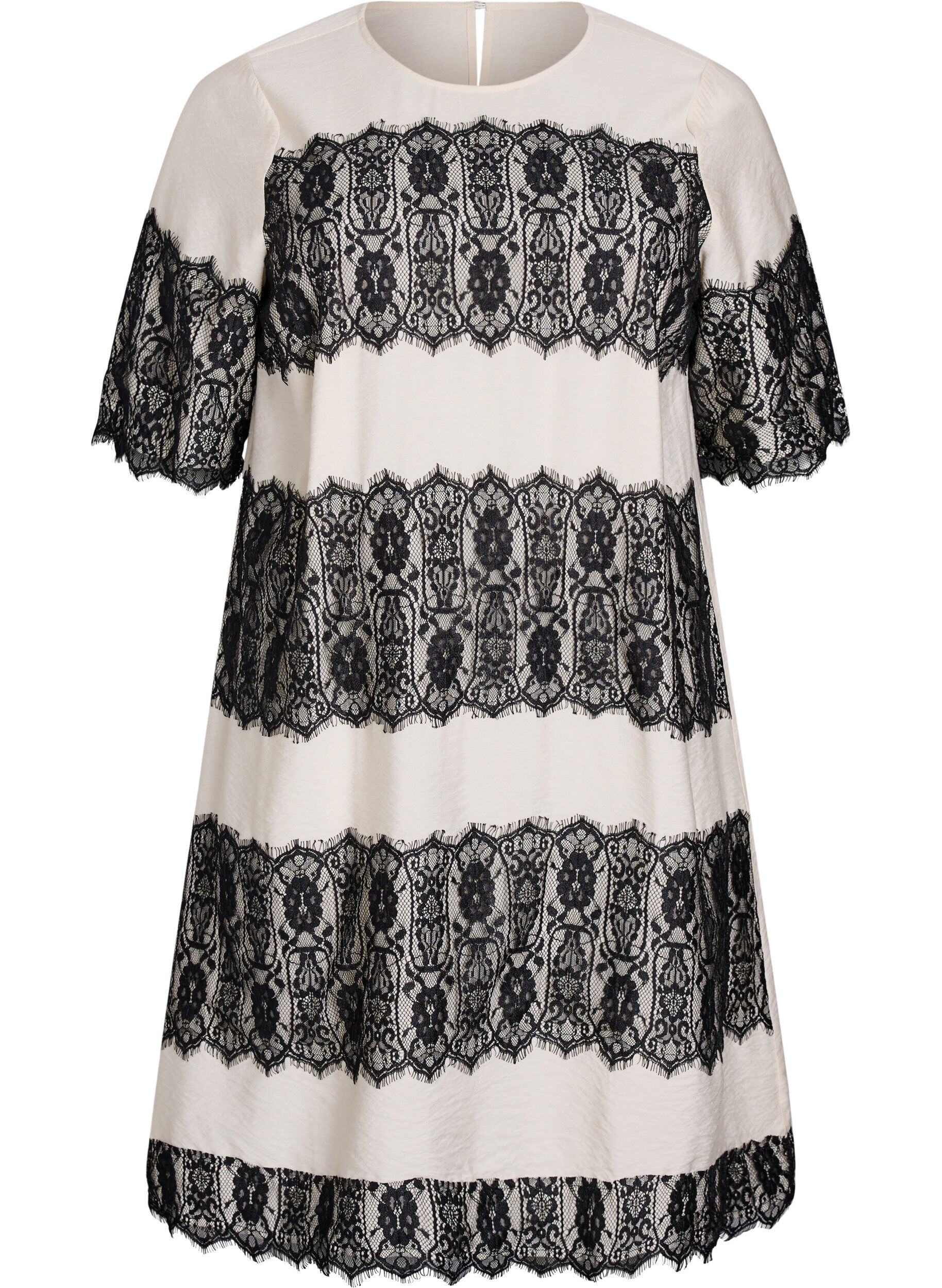 Kurzes Kleid mit kontrastfarbenen Spitzeneins&auml;tzen