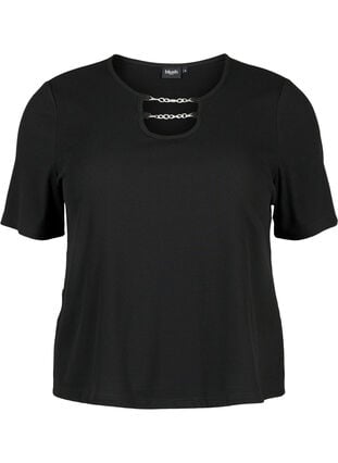 Gerippte Bluse mit Kettendetail, Black, Packshot image number 0