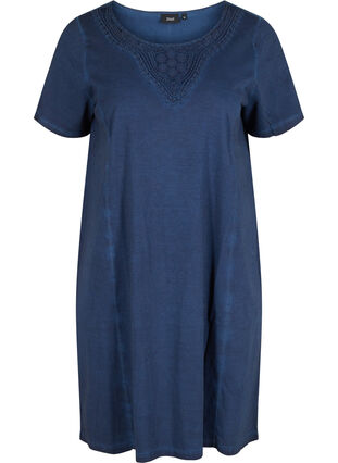 Kleid mit Spitzendetails und kurzen Ärmeln, Blue Washed , Packshot image number 0